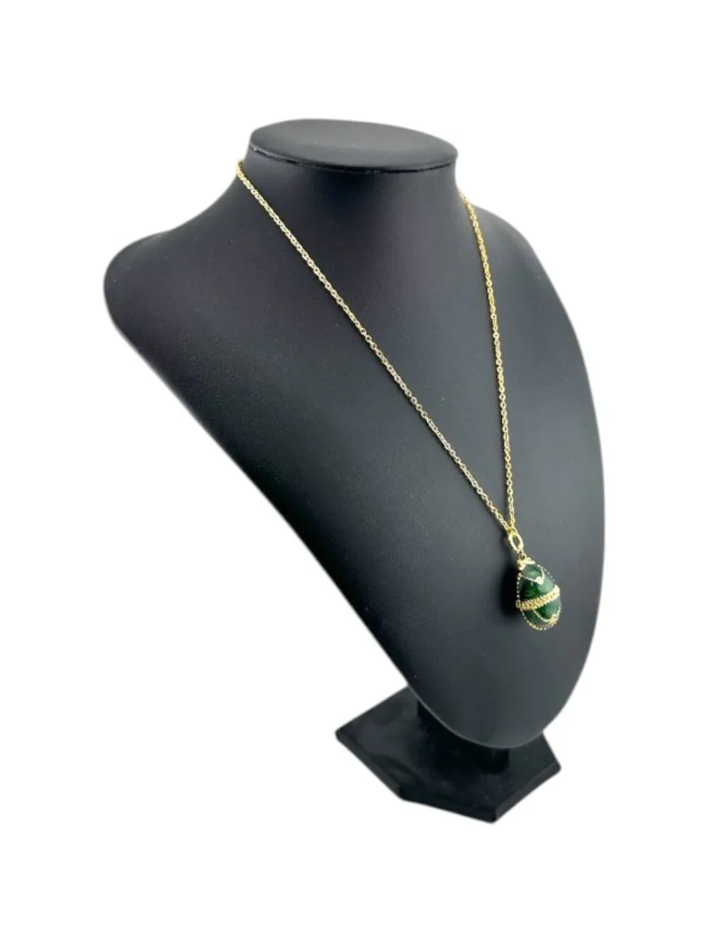 Faberge Egg Necklace Emerald Green Pendant Gold Tone Stainless Steel 18